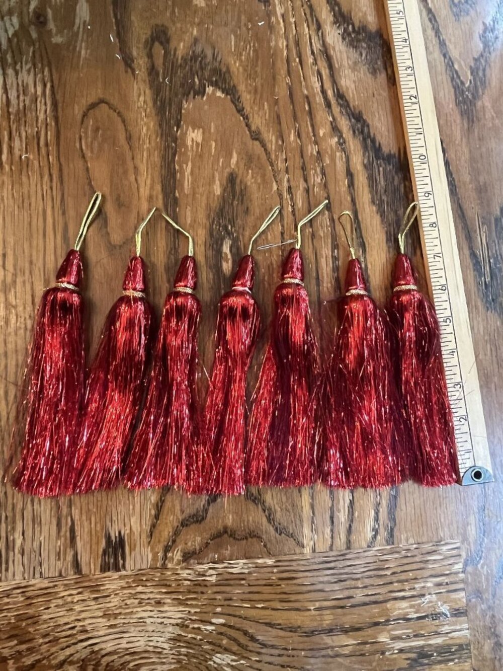 Vintage Christmas Tree Red Metallic Tinsel Tassels Large Set Of 7
